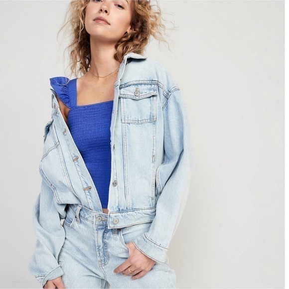 Old Navy Fitted Ruffle-Trim Smocked Cropped Top Batik Blue Size Medium - Picture 3 of 12